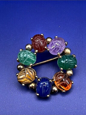 Vintage Binder Bros 12K Gold Filled Carved Gemstone Scarab Beetle Brooch Pin